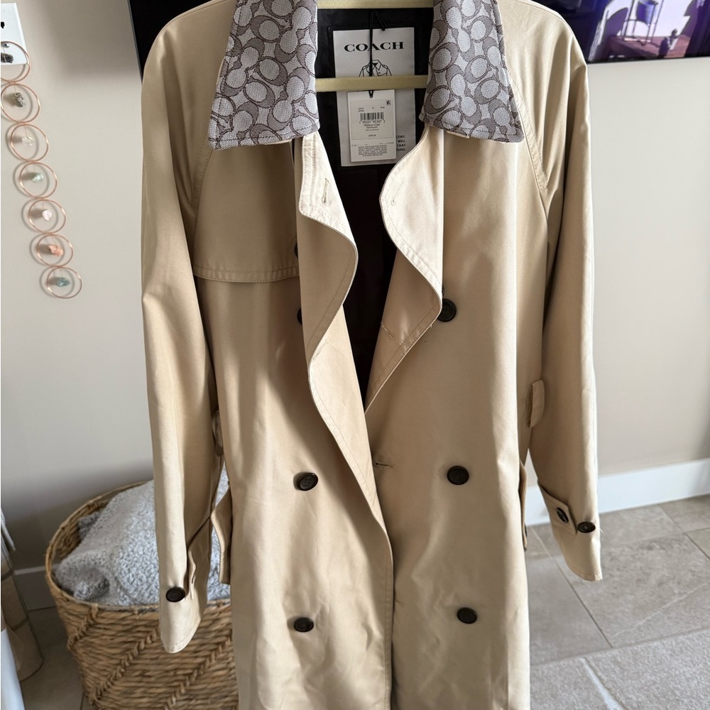Coach Tan Trench Coat with Patterned Collar